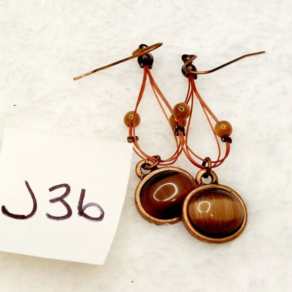 Handmade Brown Cat Eye Glass Copper Earrings Drop Dangle Bohemian Neutral - Picture 5 of 5